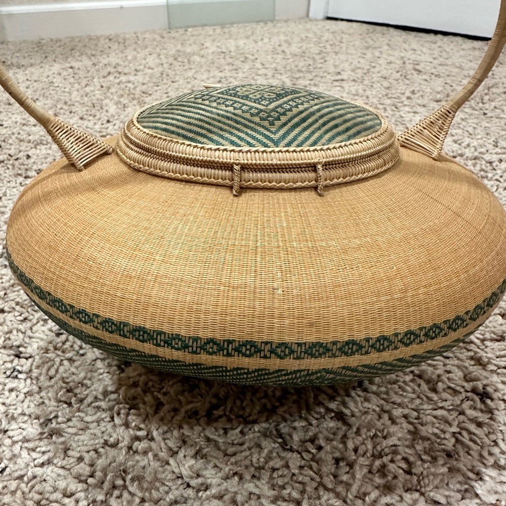 Handcrafted Tan and Green Woven Basket